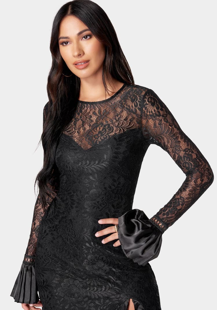 Black Lace Thigh-high Slit Prom Formal Dress With Long Sleeves | LizProm